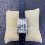 Swiss Copy Cartier Tank Americaine Silver Dial Diamond Bezel Navy Leather Watch